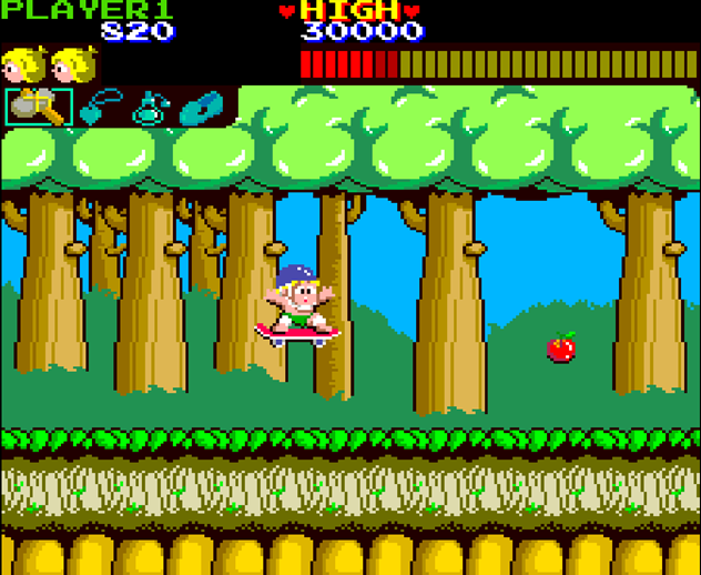 Jugando con el skate a Wonder Boy